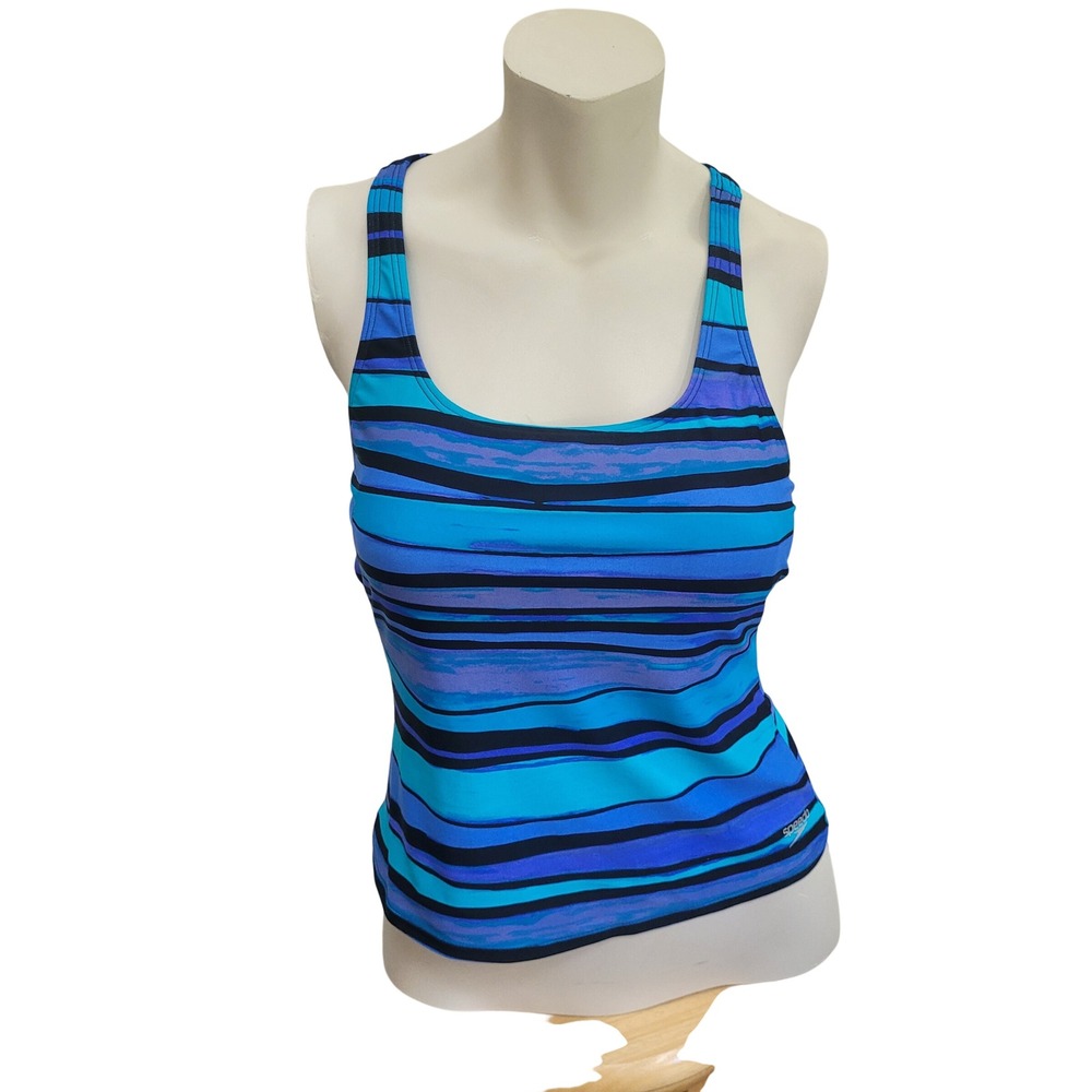 Speedo Womens Blue Striped Racerback Tankini Swim Top Size 8